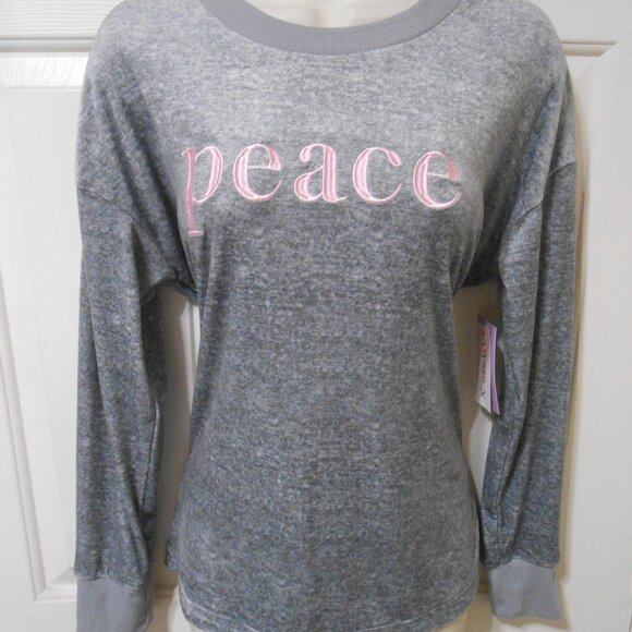 NEW JOYSPUN SOFT VELVET PULLOVER TOP SIZE SMALL 4-6 SAYS: "PEACE" PINK ON GRAY - Picture 1 of 9